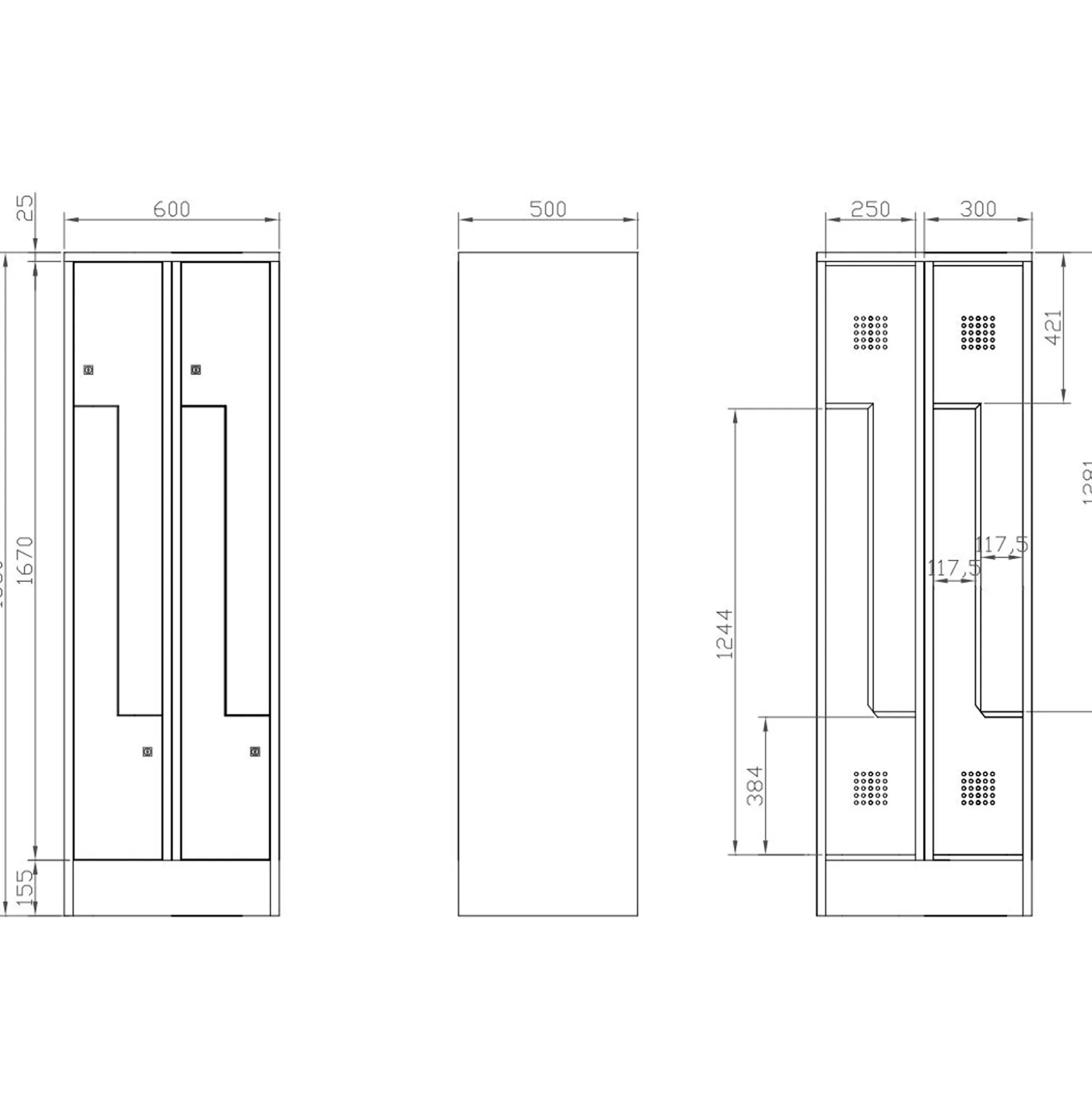 Omklædningsskab - Z-formet 50 x 60 x 185h cm.